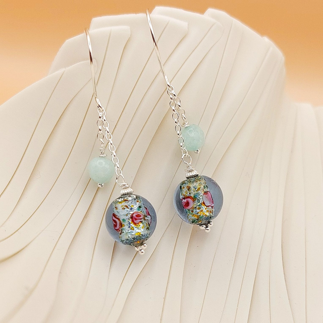 Sterling silver drop earrings with Preciosa blue floral glass and dyed jade beads 