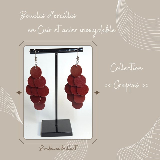 Boucles d&#039;oreilles Grappe en cuir - Bordeaux