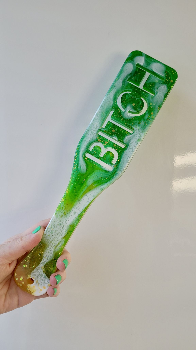 Handmade Resin Paddle – BITCH – Green &amp; Yellow Swirl 