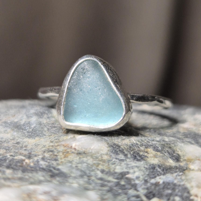 Size R Pale Aqua Sea Glass and Sterling Silver Ring Fully Hallmarked 