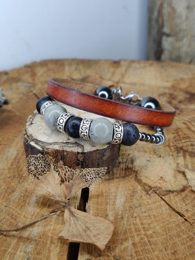 Bracelet homme cuir double perles marbré, perles de lave et hématites vintage