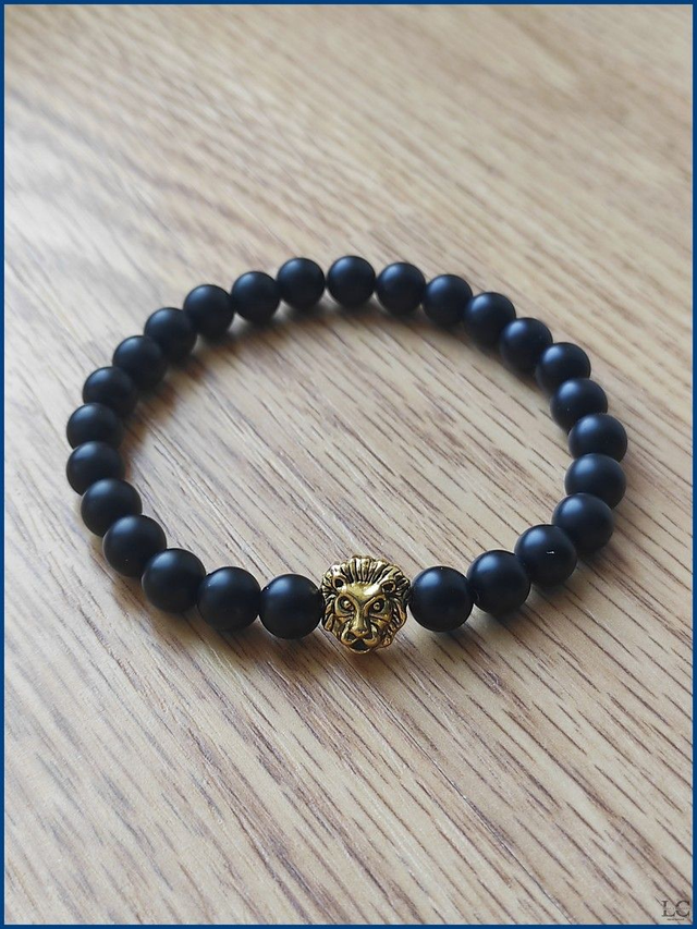 Bracelet tête de lion - Agate noire matte