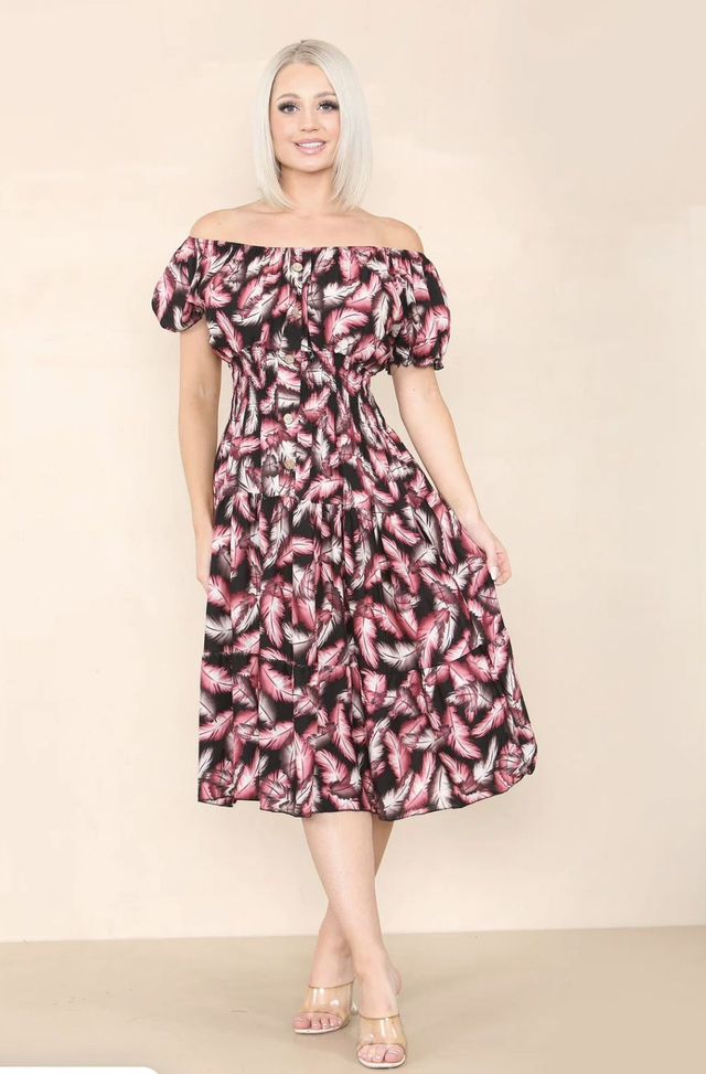 Pink Feather Bardot Midi Dress - KM