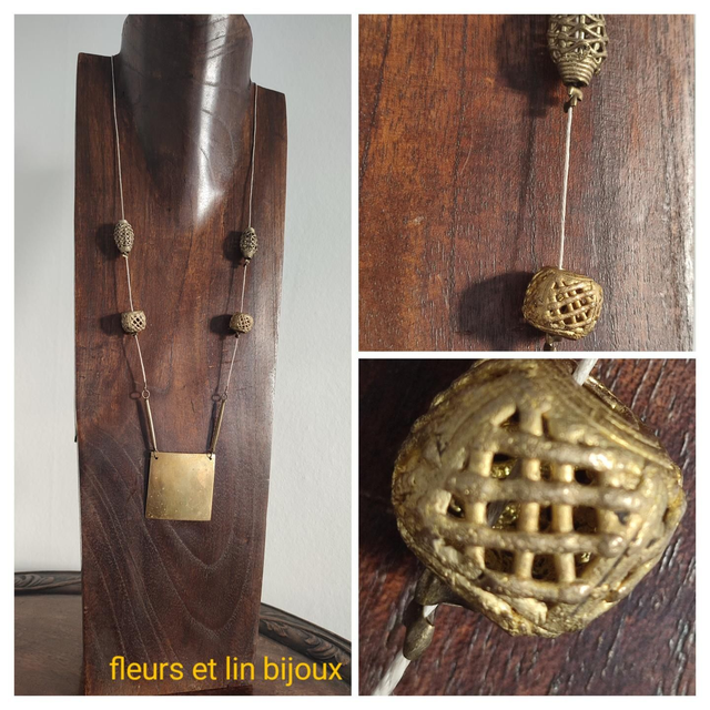 Sautoir laiton bronze monté sur fil de lin réglable, pièce unique 