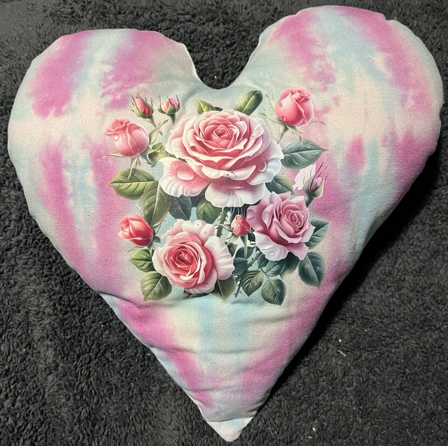 Hand tie dye cushion with 3 pink roses