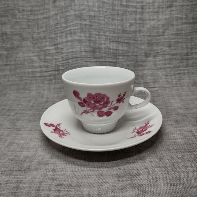 CP Colditz | Kop (diameter 8 | hoogte 7,5 cm) en Schotel (diameter 14 | 2,5 cm) voorheen DDR Witte kleur met roosmotief | Vintage