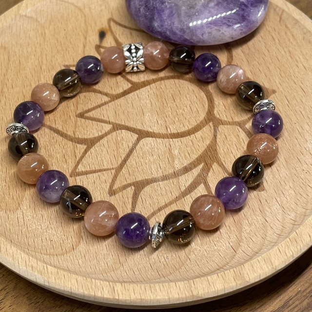 🌺♏️🧘♀️Bracelet Signe Scorpion en Pierre de soleil, Améthyste et Quartz fumé