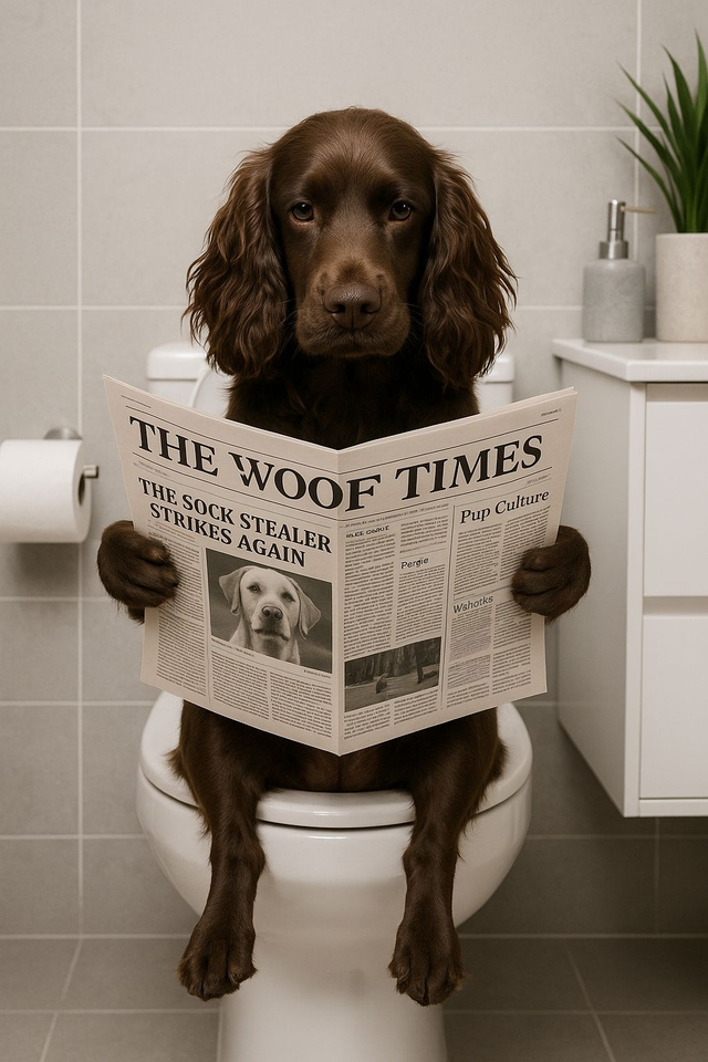 Spaniel on The Toilet Framed Canvas