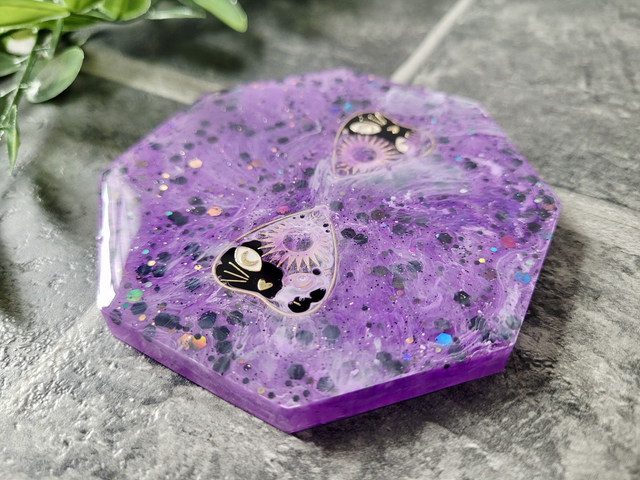 Coaster - Witchy Cat Planchette Purple Glitter Hexagon Coaster