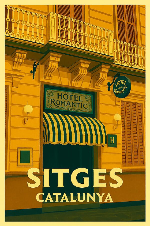 Póster vintage de viaje del Hotel Romantic Sitges Catalunya, arte mural retro de España