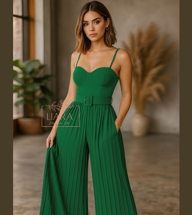 Jumpsuit Grün mit Plissee und Gürtel Onesize