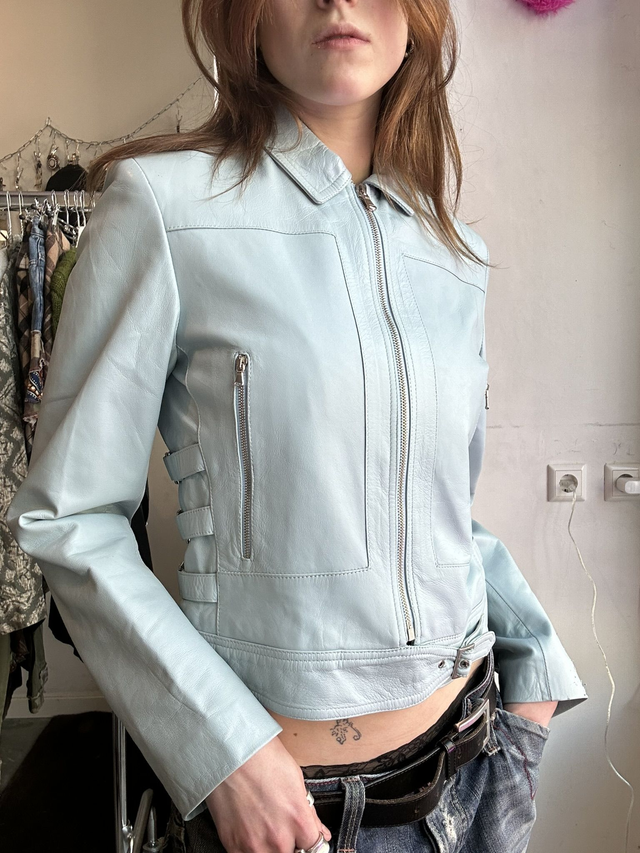 light blue leather jacket with front zipper pockets