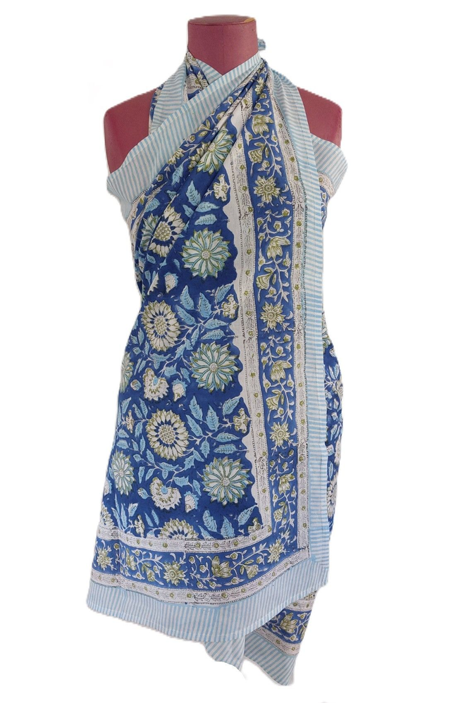 Paréo de plage en coton voile indien imprimé à la main – Motif floral bleu et blanc – Étole & châle bohème 