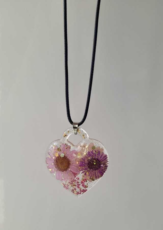 Pink Floral Real Dried Flowers Heart Necklace with Glitter - Black Waxed Adjustable Cord