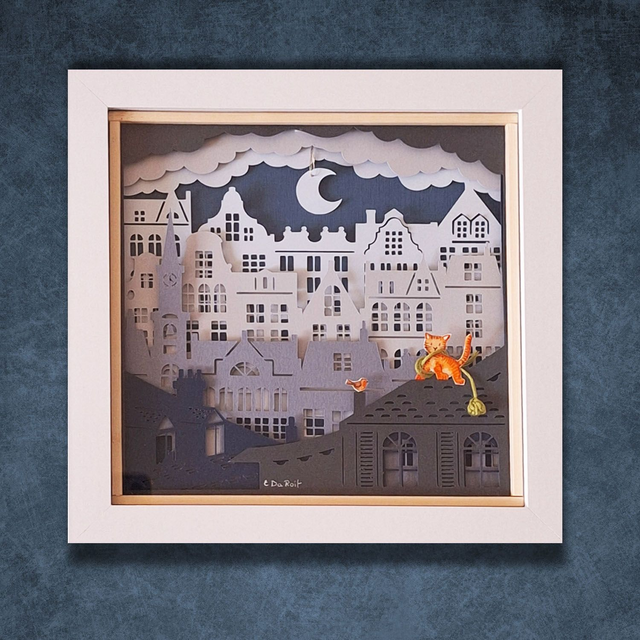 Quadretto 3D "Gatto e pettirosso"