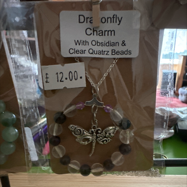 Dragonfly Charm with Obsidian &amp; Clear Quartz Bead Necklace 