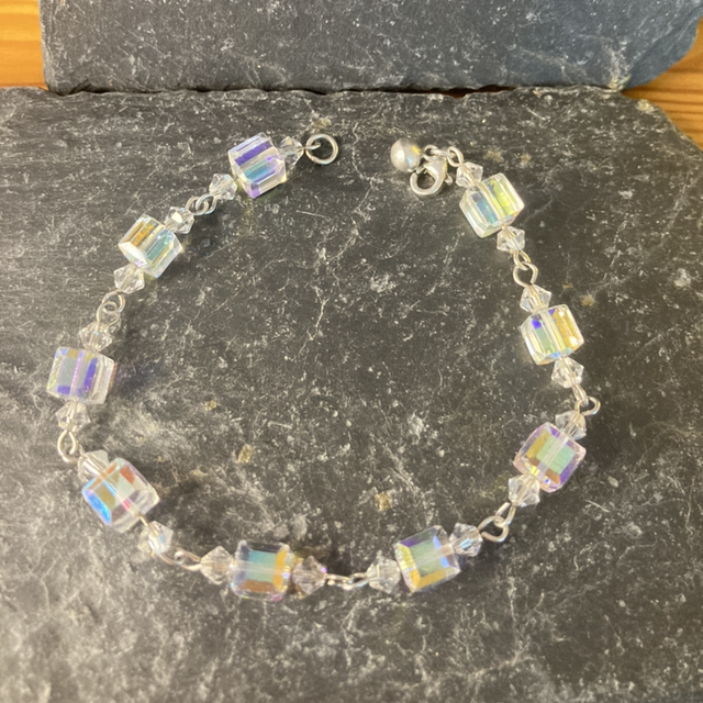 Aurora Borealis Cube Beads Bracelet with Sterling Silver Clasp