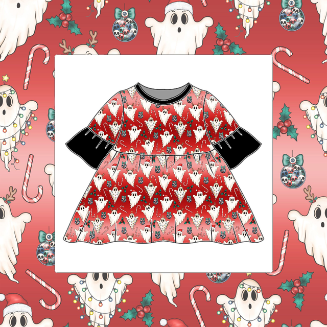 Christmas Red Ghosts Childrens Bell Sleeve Dress