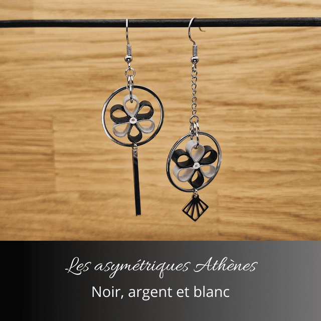 Boucles d'oreilles asymétriques Athènes - Noir argent et blanc