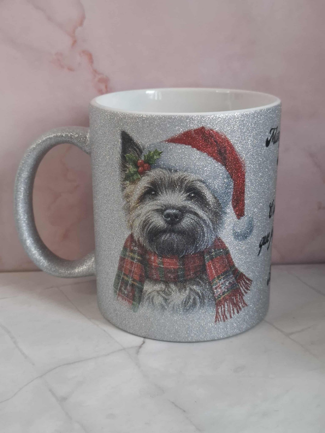 Mug à paillettes argenté cairn terrier de noël 