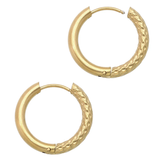 Créoles rondes martelées doré 22 mm Fil 3 mm acier inoxydable x2 