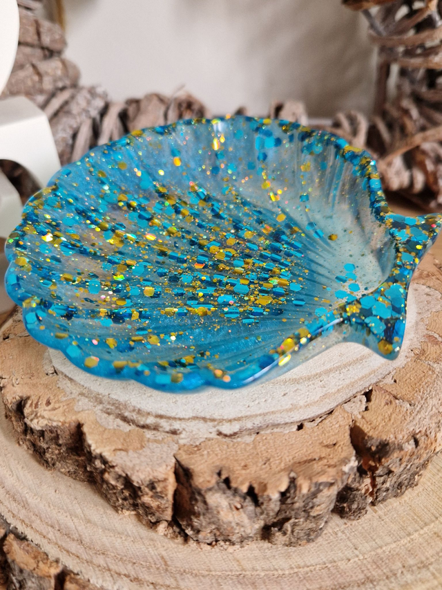 Shell Trinket Tray - Turquoise and Gold Sparkle