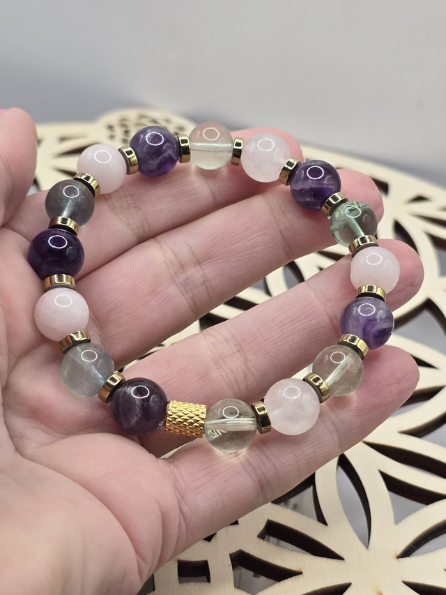 Bracelet Fluorite, Améthyste, Quartz rose 1 cm