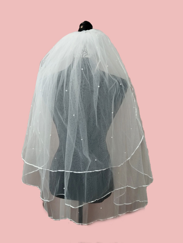 Voile de mariée tulle souple perlé court triple pans