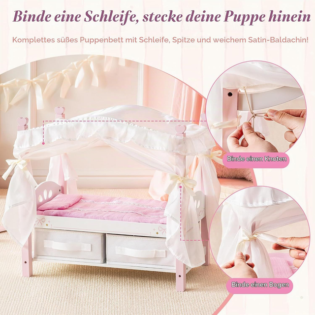 ROBUD Puppen-Himmelbett aus Holz – für Puppen bis 45 cm