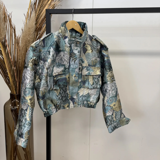 Jasje vogelprint blauw bomber