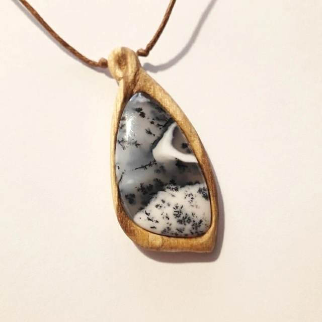 Merlinite Necklace with hand carved Palo Santo wood 