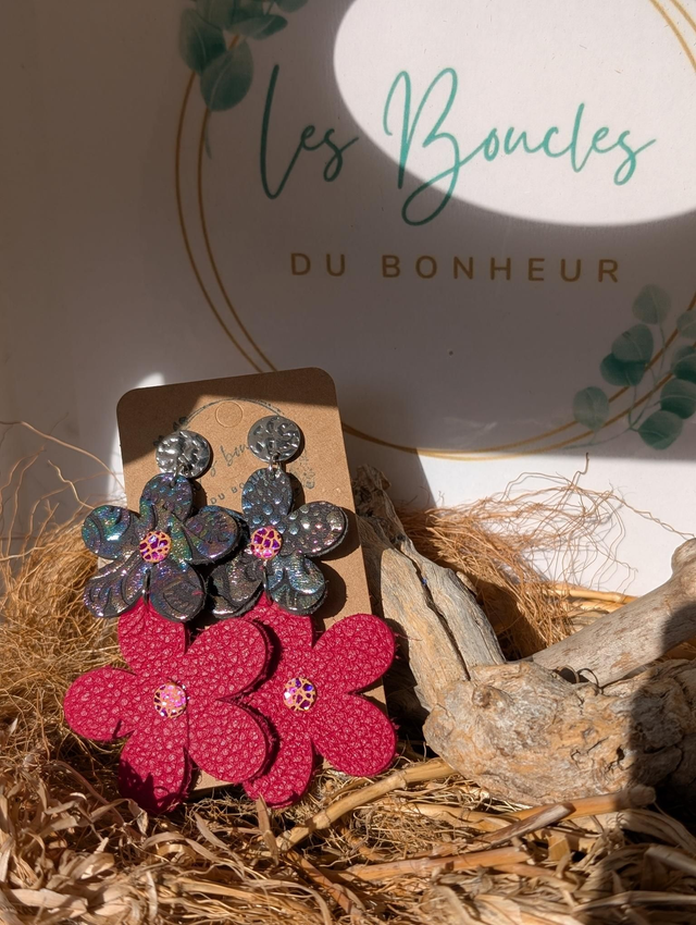 Boucles d&#039;oreilles Marguerite holographique framboise m1029