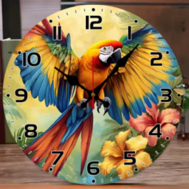 Ronde wandklok van hout Papegaai (25cm)