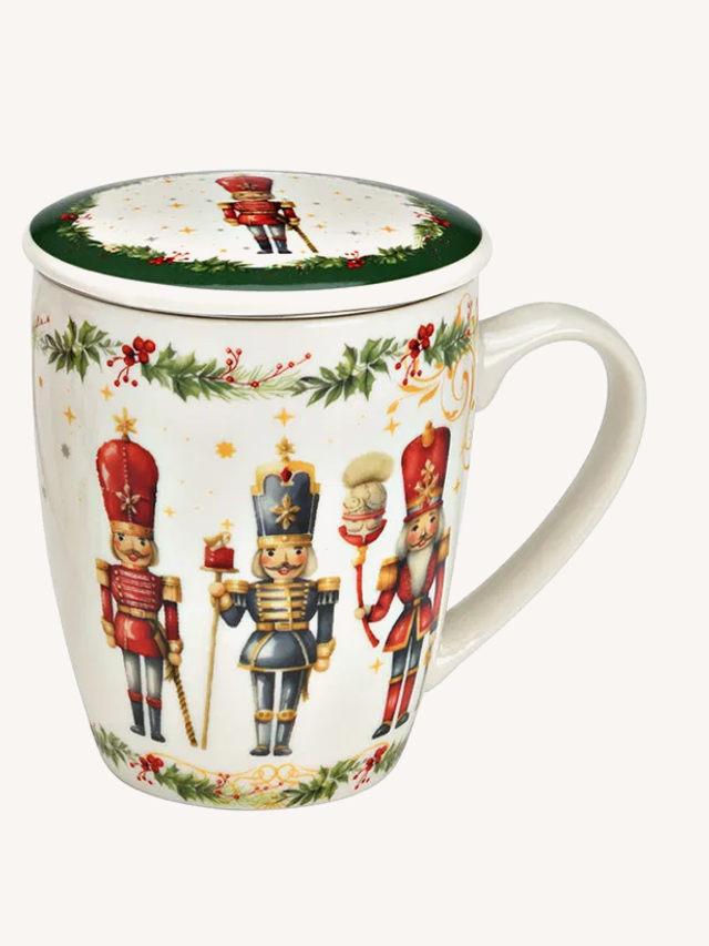 Kerstdecor mok met deksel en metalen zeef, groen