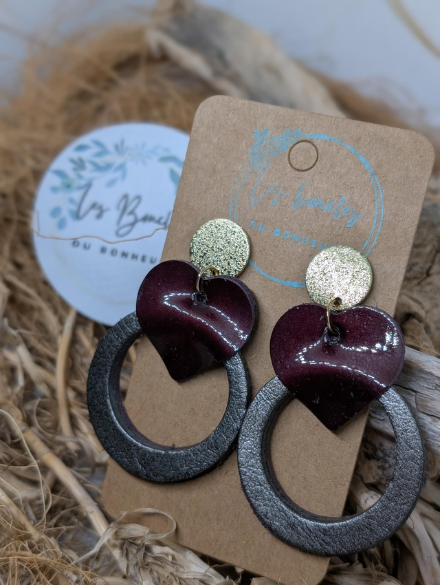 Boucles d&#039;oreilles Coeur ❤️ bordeaux gris c2060