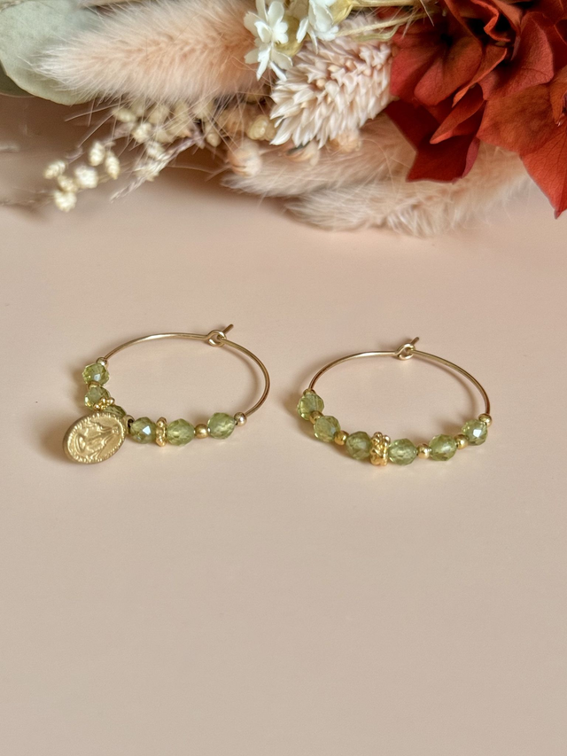 Créoles "Médaille Miraculeuse" Péridot, Collection "Sacrée"