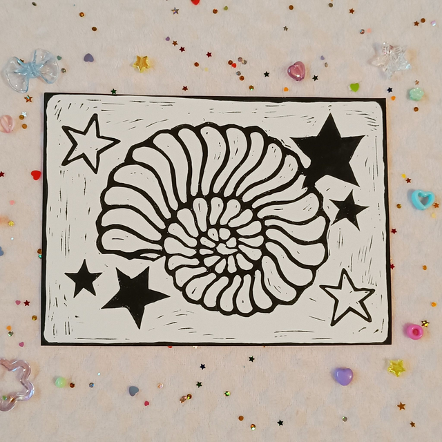 Ammonite linocut print