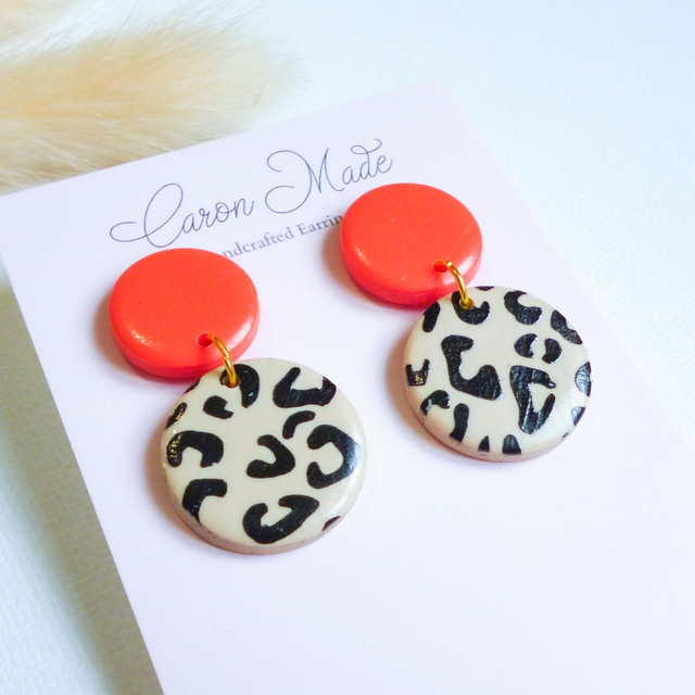 Coral / orange leopard print earrings