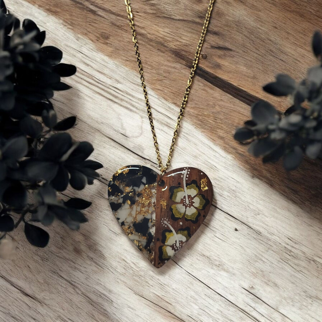 Collier dessiné Flora acier inoxydable noir blanc doré bi matière