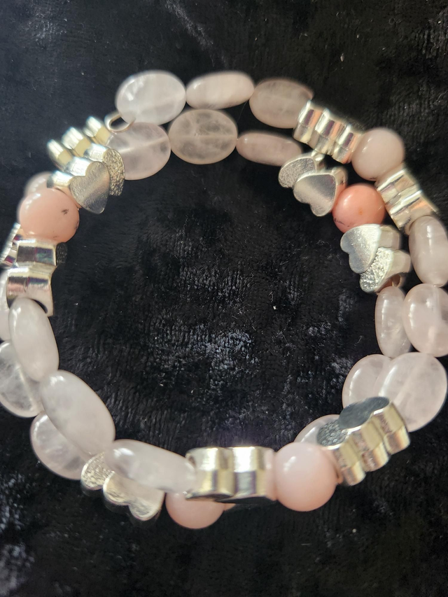 ROSE Quartz and PINK OPAL with double heart silver coloured spacers 