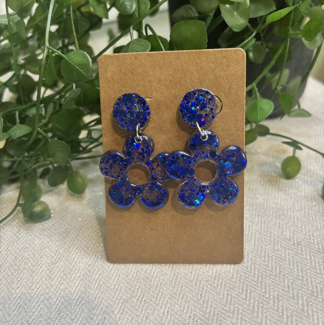 Boucles d’oreilles résine bleu paillettes et argenté 