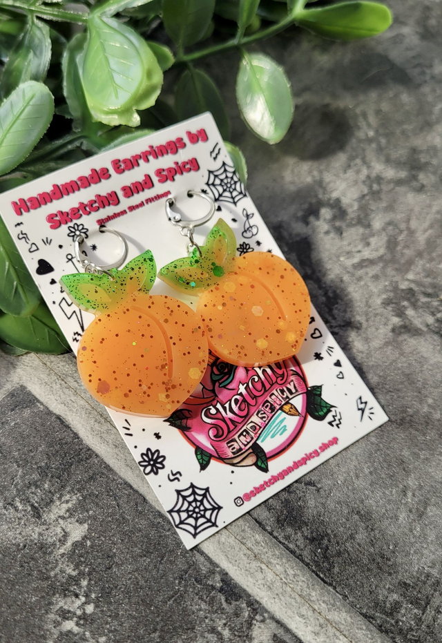 Earrings | Peach Glitter Hearts | Stainless Steel Lever back Hoops