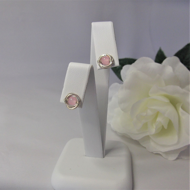 Rose quartz gemstone Russian wedding ring style stud earrings with recycled silver 