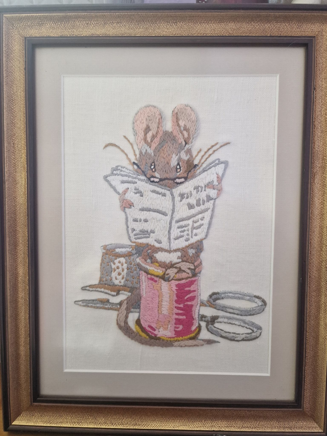 Framed, Embroidered picture "Tailor Mouse" Beatrix Potter