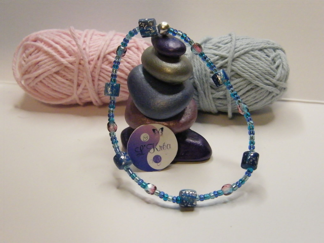 Perles Bleu/Feuille argentée