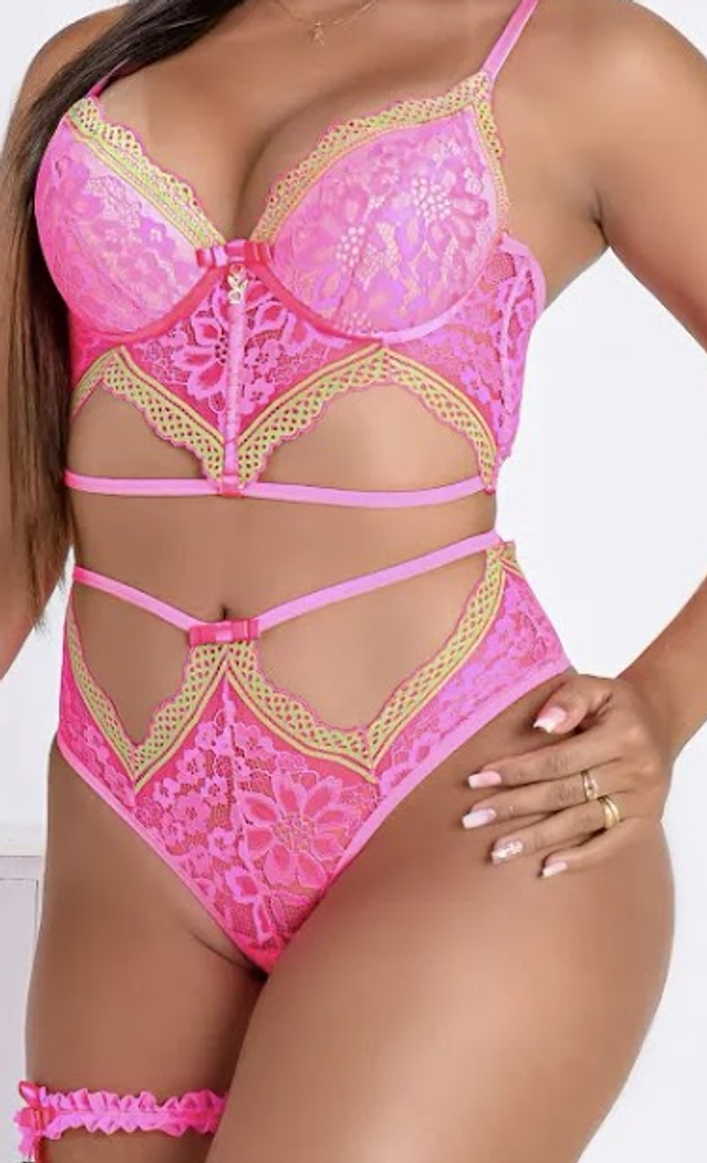 Conjunto Sexy de encaje Rosa y Lima con Persex (liga)