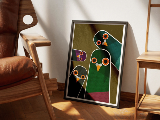 Group of Nosy Pigeons  - Retro Print