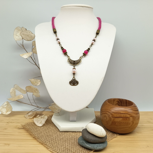 Parure fuchsia et bronze - Collier ras de cou Fleur de Lotus