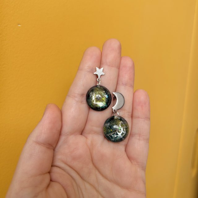 Spiderweb Mismatched Moon and Star Stud Earrings