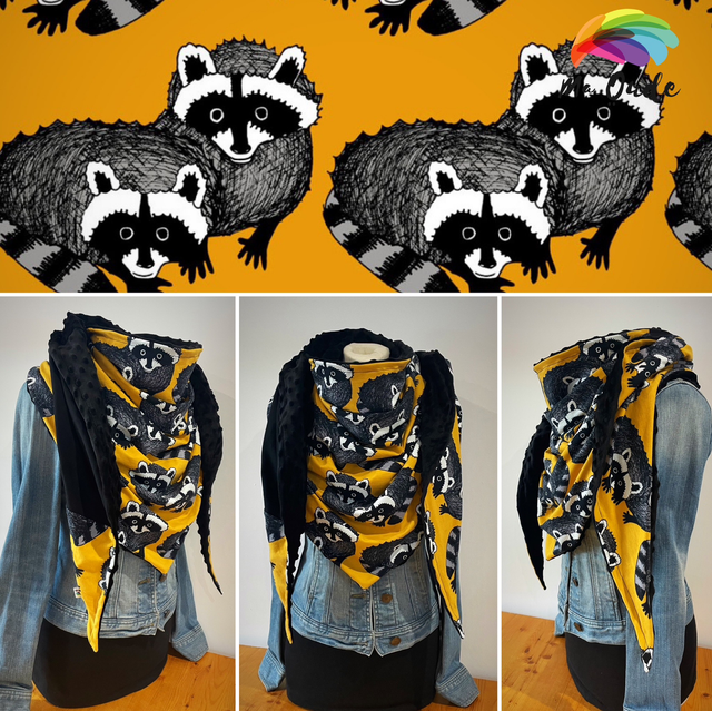 Maxi Chèche Happy Piwi châle, écharpe jaune moutarde noire et blanche doublée en polaire minky noire